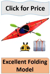 red folding kayak with paddle and bag