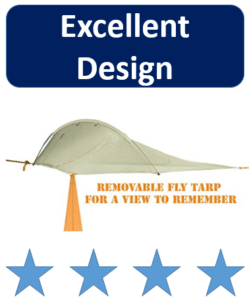 beige tent-hammock hybrid shelter setup