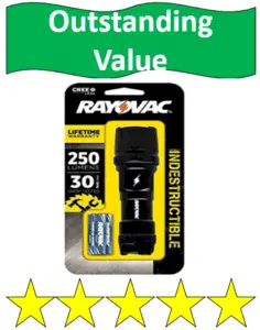 Black flashlight packaged with batteries