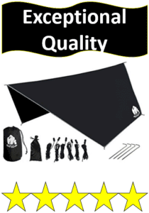 black tarp, ropes, stakes