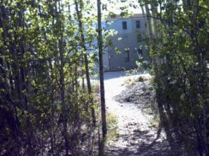 path through Alaska woods to building