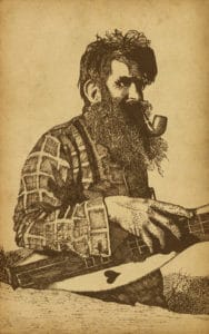 mountain man with pipe playing guitar