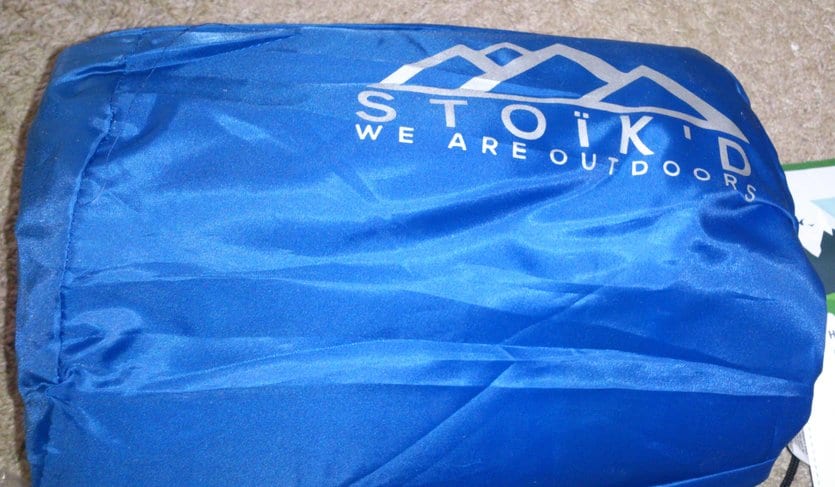 Stoikd inflatable mattress in blue bag