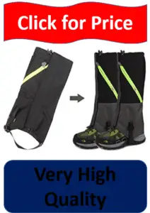 gray, black, and yellow gaiters on legs