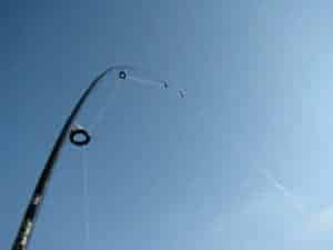 fishing rod bent against blue sky