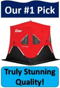 red and black tent ice fishing shelter