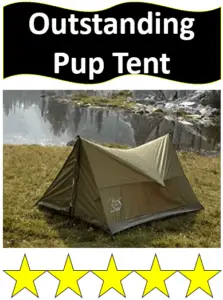 green pup tent by lake with rain fly