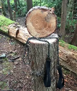 pocket chainsaw on cut tree stump