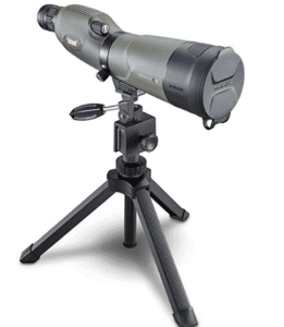 green spotting scope mounted on tripod