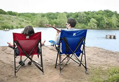 couple sitting by the lake camping chairs