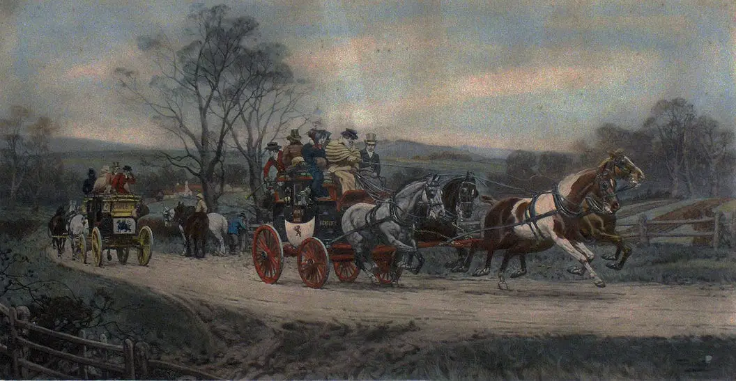 Painting of two passing stage coaches.